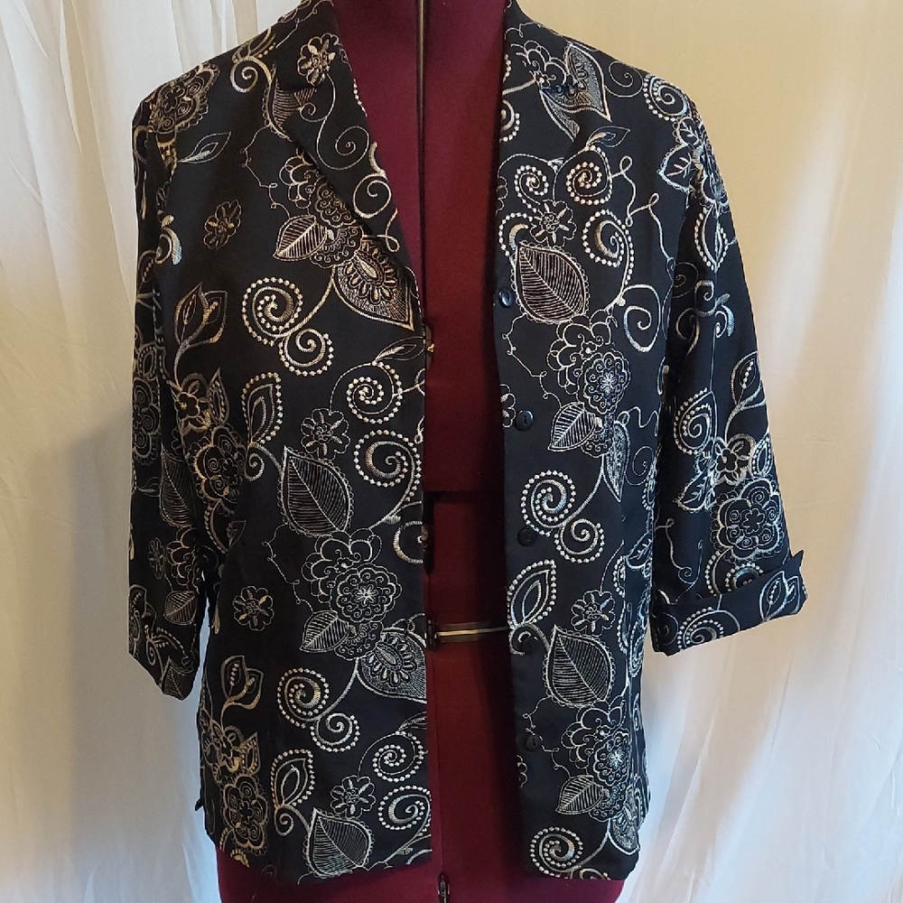 BonWorth blazer. Black w/white and silver embroidery. 3/4 sleeve.  Size M